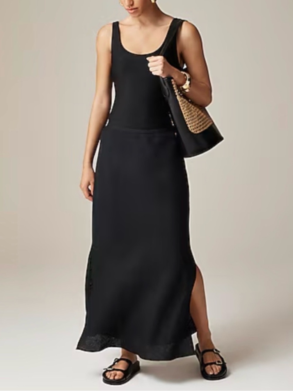 J. Crew NWT Gwyneth Slip Skirt in Black Linen Side Slits Lightweight Casual